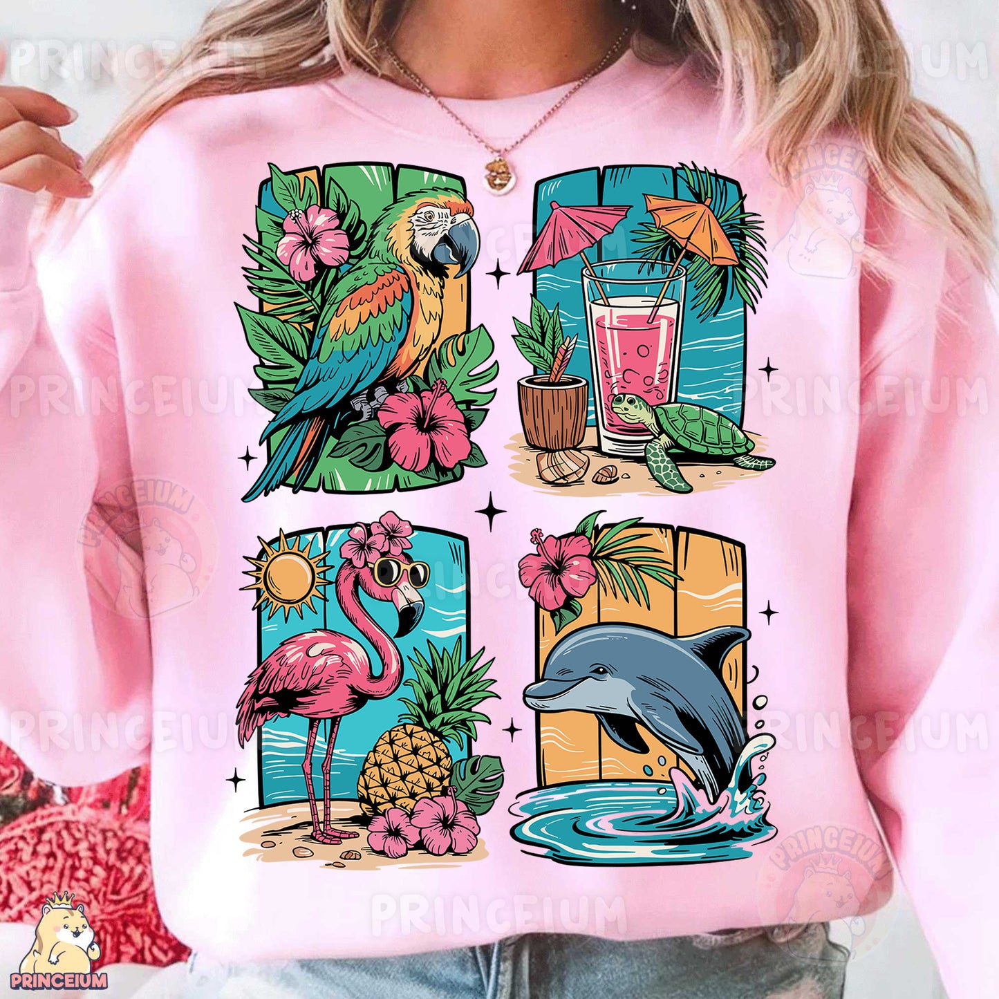 a woman wearing a pink sweatshirt with tropical images on it