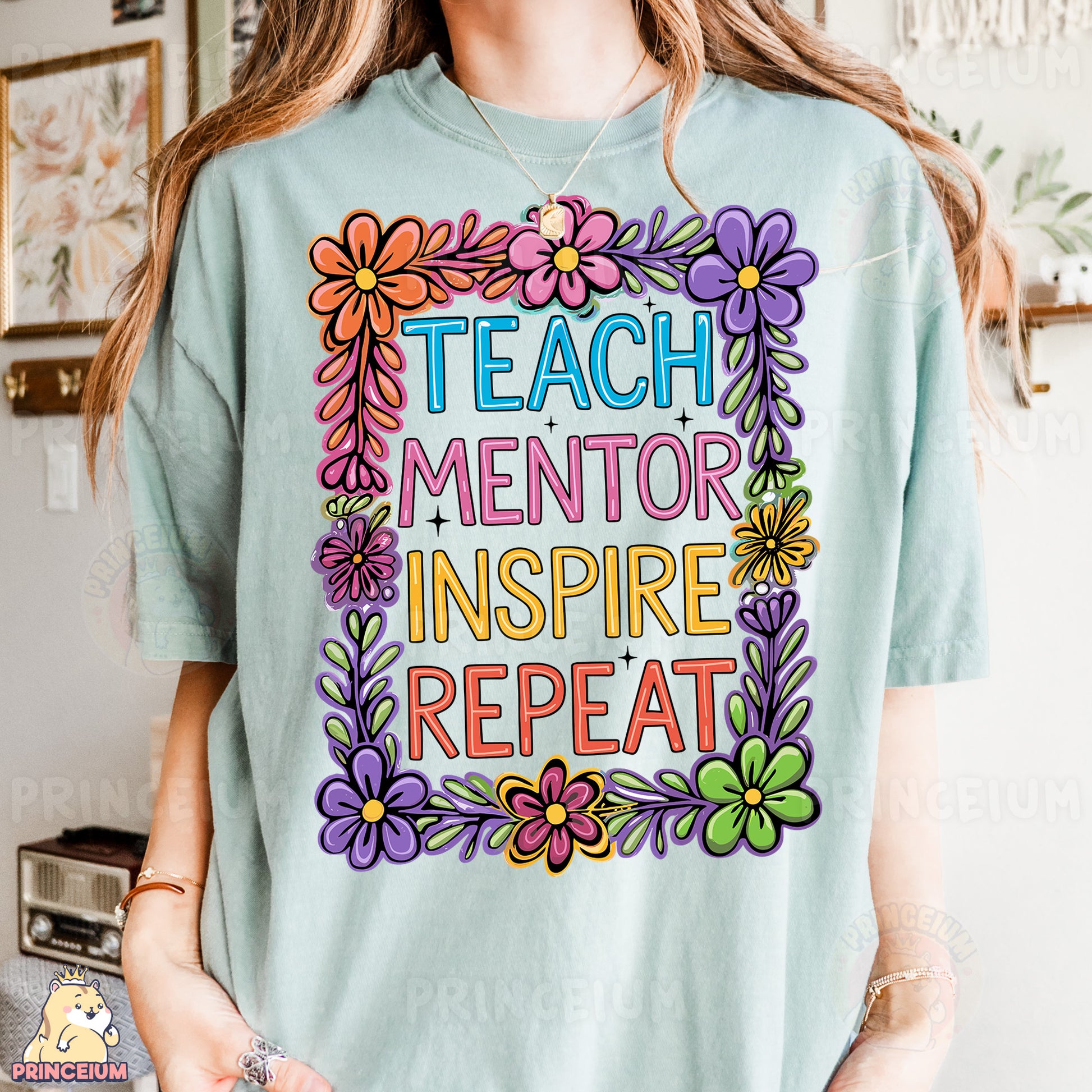 a woman wearing a t - shirt that says teach mentor inspire repeat