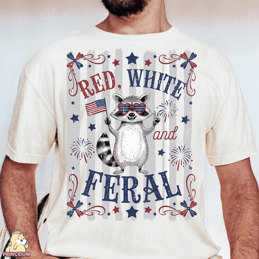 a man wearing a white shirt with a raccoon on it