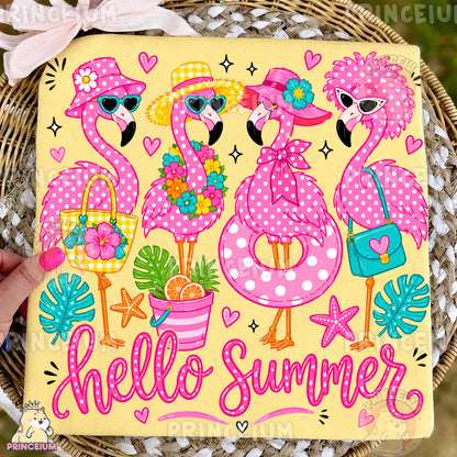 Hello Summer Flamingos Sublimation Design PNG Pink Flamingo Digital Download NEW26