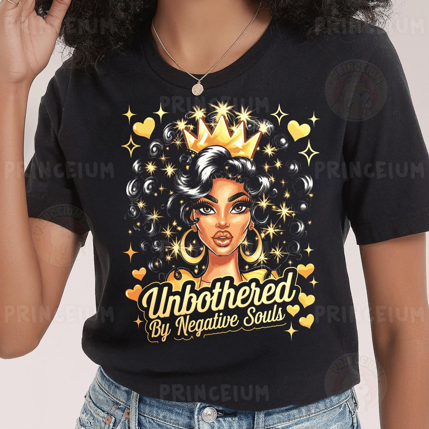 a woman wearing a black shirt with a gold crown on her head