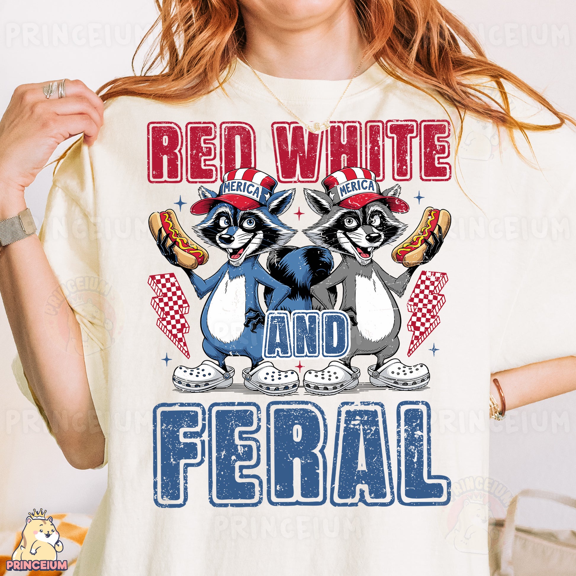 a woman wearing a red white and blue shirt