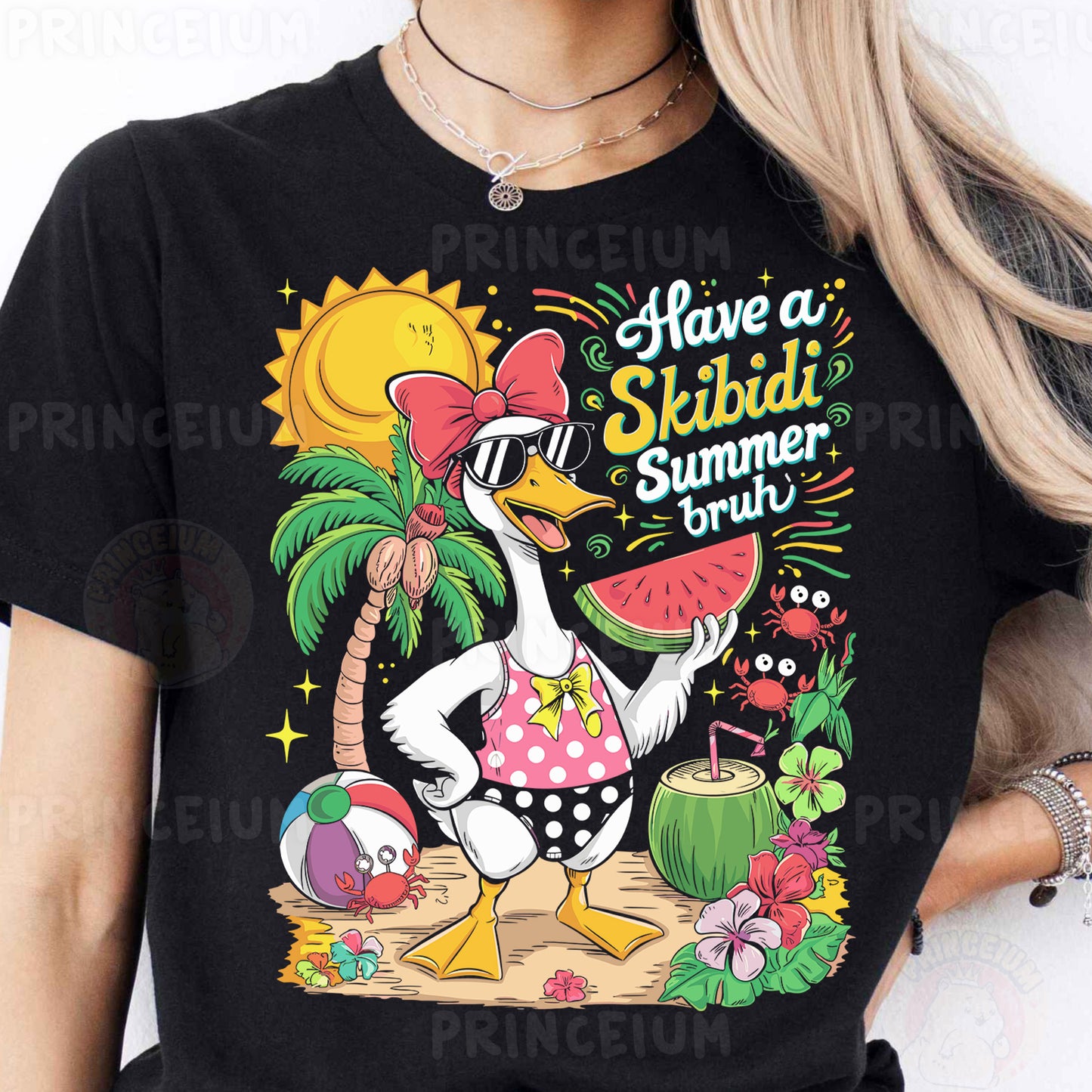 a woman wearing a black shirt with a cartoon character on it