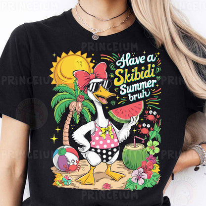 a woman wearing a black shirt with a cartoon character on it