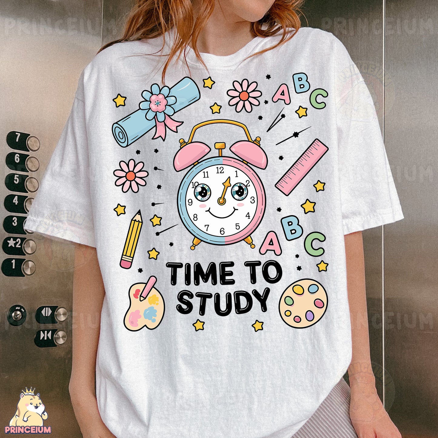a woman wearing a white t - shirt with a cartoon clock on it
