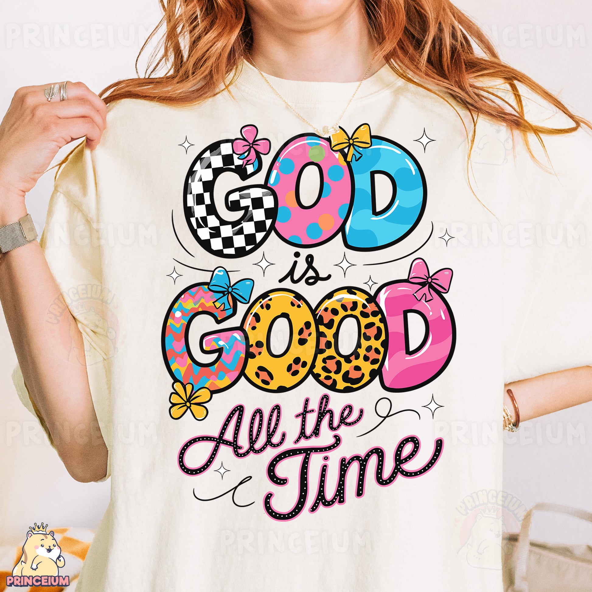 a woman wearing a t - shirt that says god is good all the time