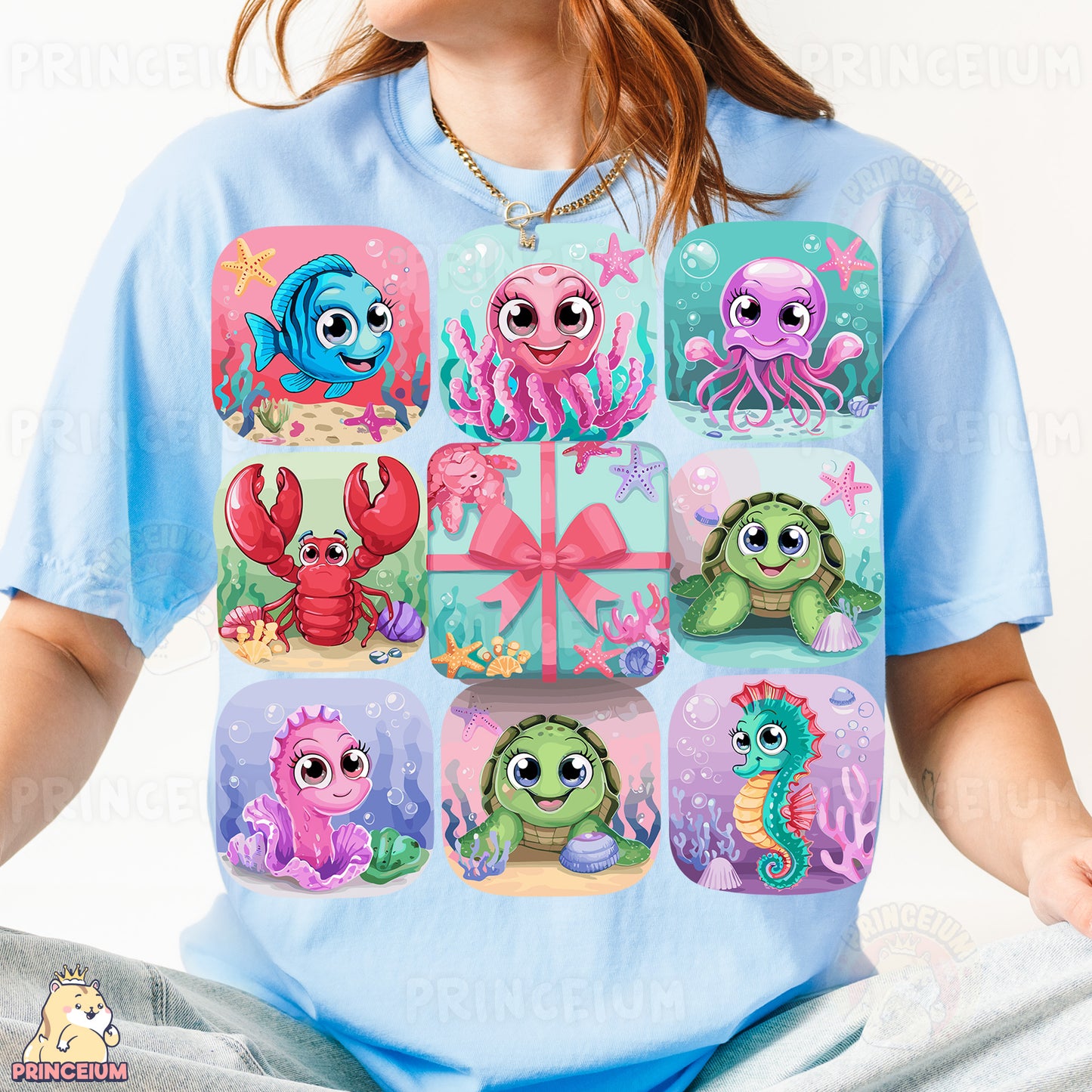 a girl wearing a t - shirt with different sea animals on it