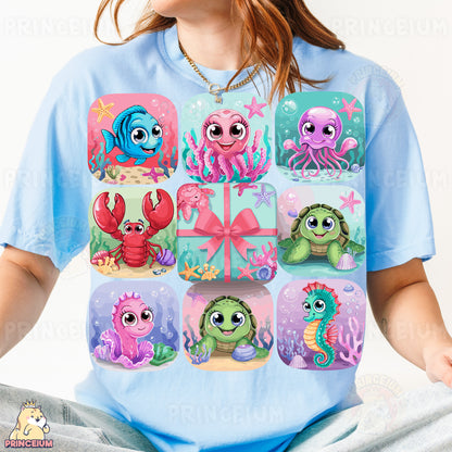 a girl wearing a t - shirt with different sea animals on it