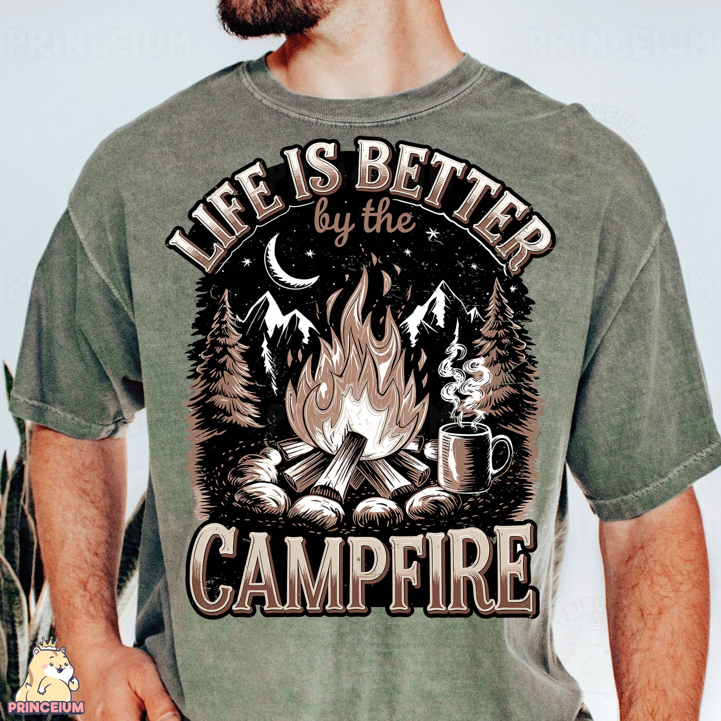 a man wearing a t - shirt that says life is better by the campfire