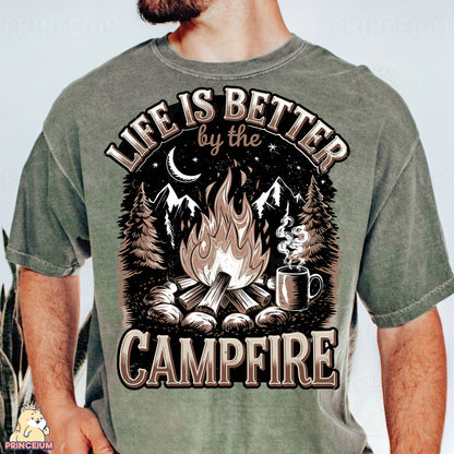 a man wearing a t - shirt that says life is better by the campfire