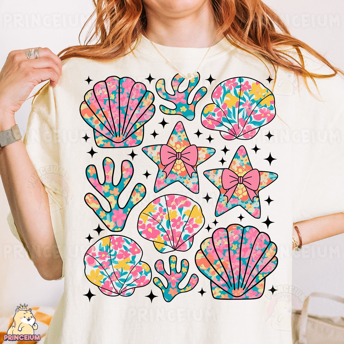 a woman wearing a t - shirt with a design on it