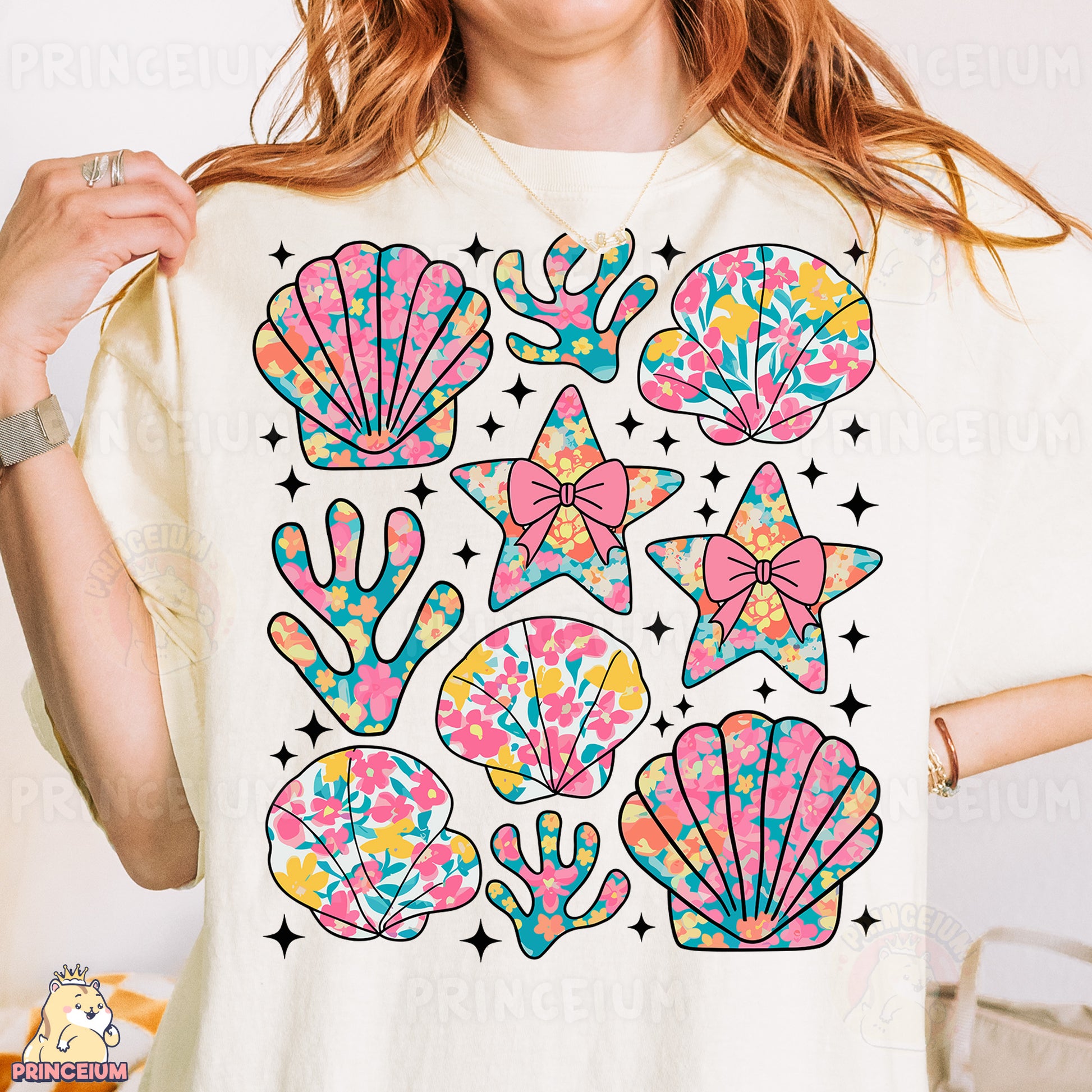 a woman wearing a t - shirt with a design on it