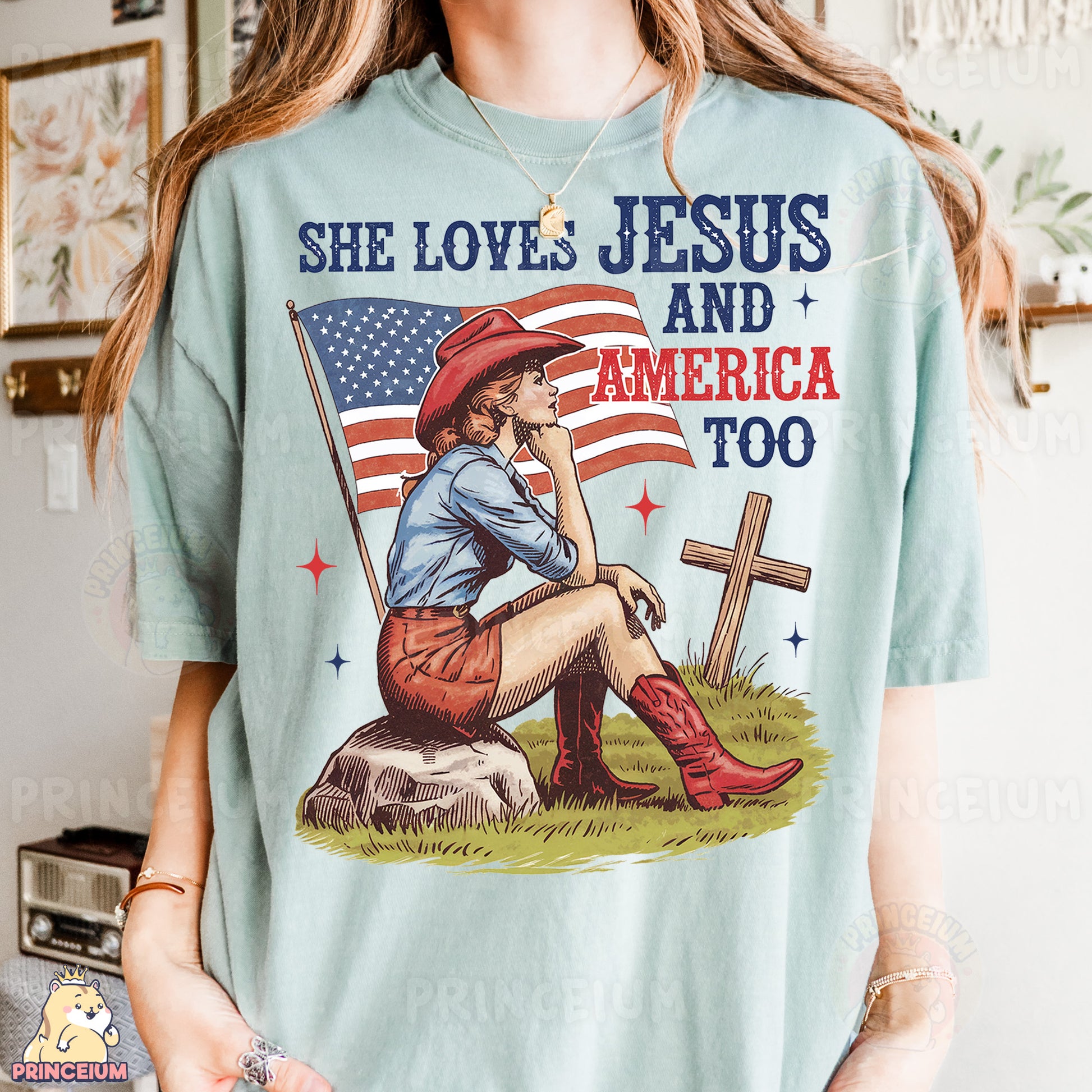 a woman wearing a t - shirt that says she loves jesus and america too