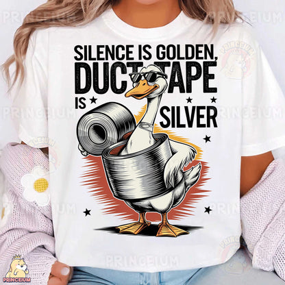 a woman wearing a white t - shirt with a duck holding a roll of duct