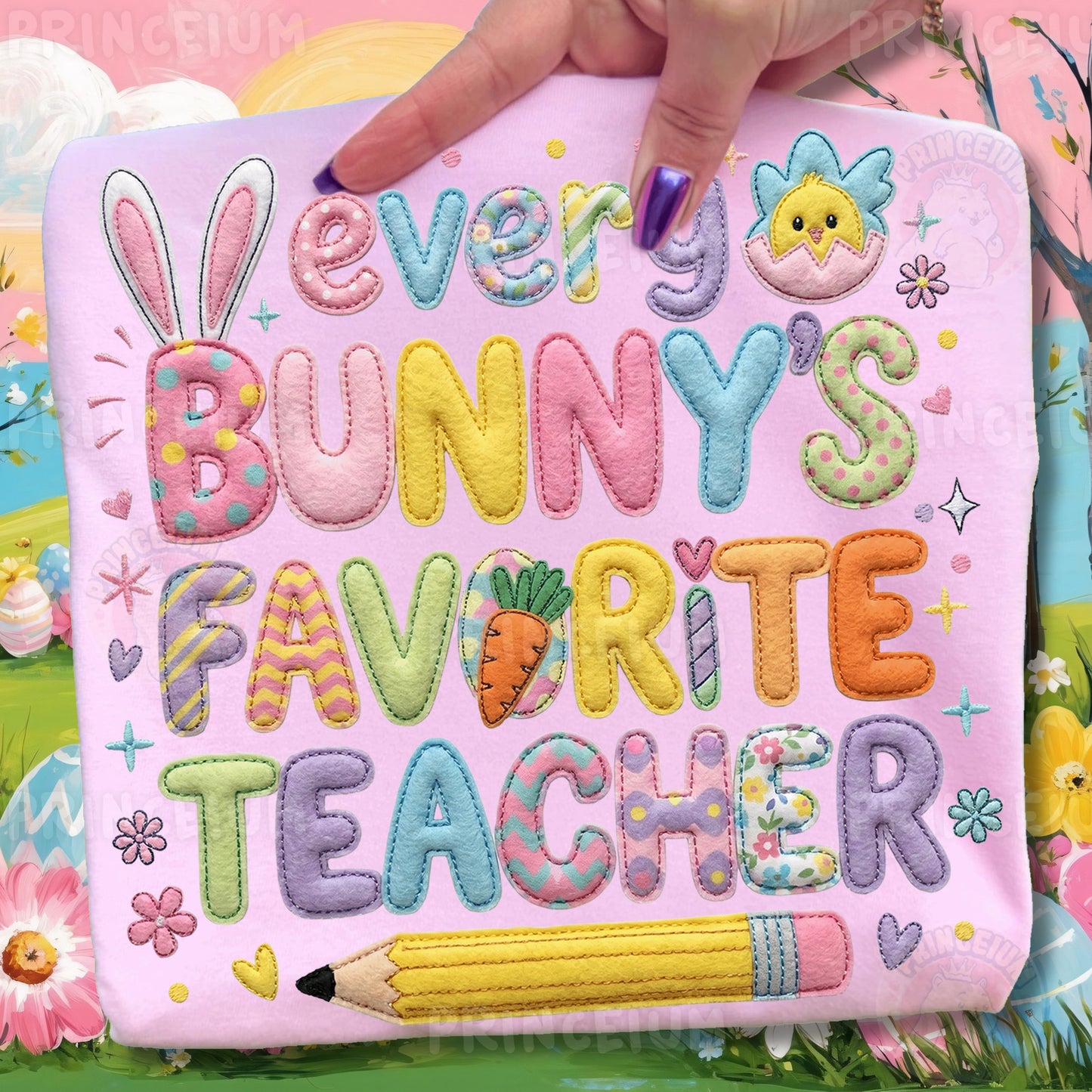 Every Bunny’s Favorite Teacher PNG, Cute Easter Bunny School Quote, Patchwork Spring Clipart Design