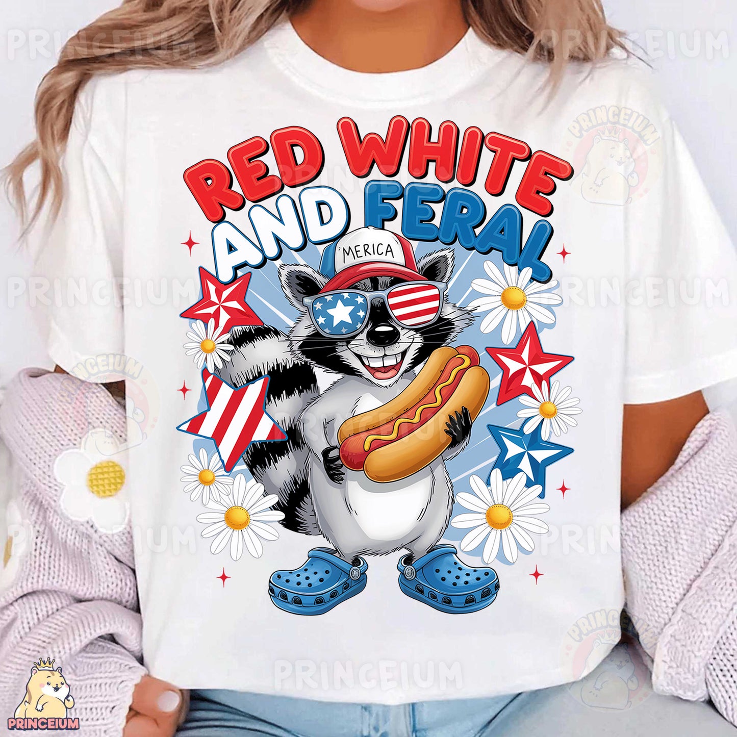a woman wearing a red white and blue shirt with a raccoon holding a
