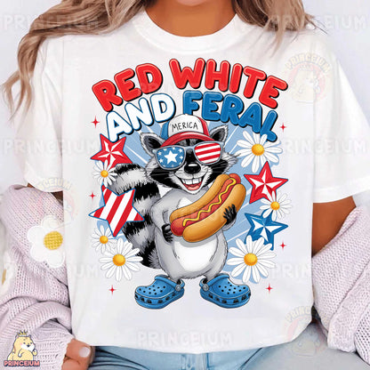 a woman wearing a red white and blue shirt with a raccoon holding a