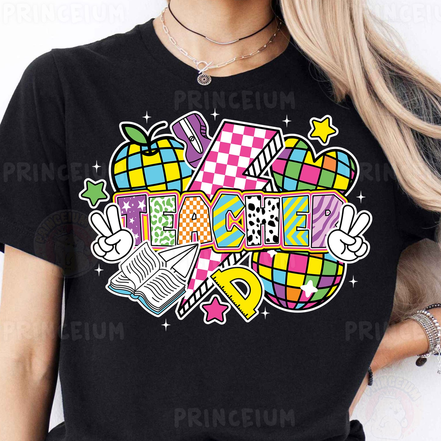 a woman wearing a black t - shirt with a colorful design on it