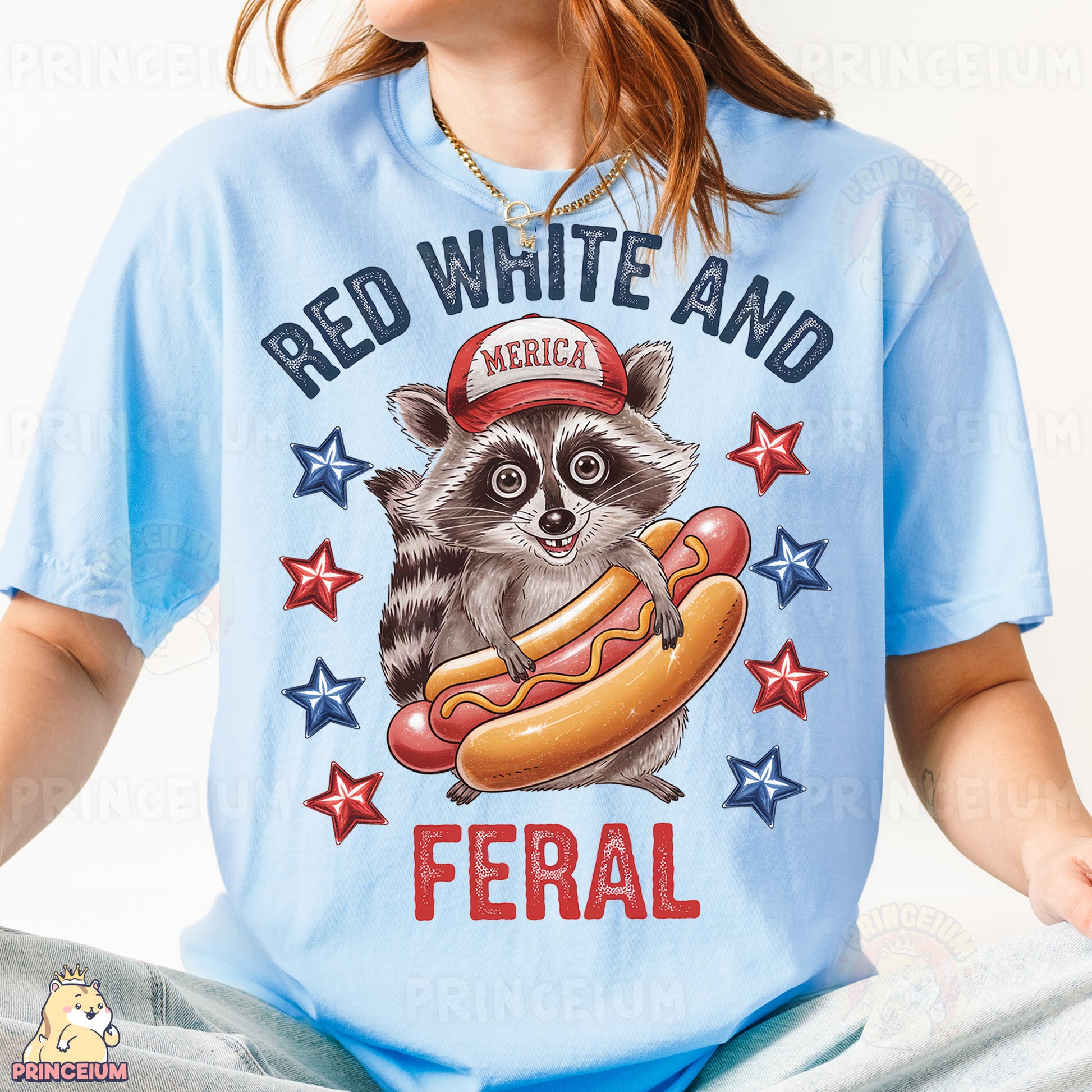 a girl wearing a red hat and a shirt with a raccoon on it