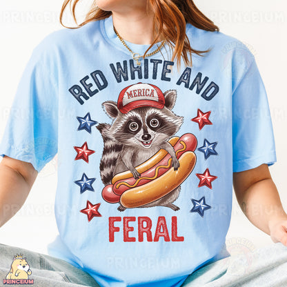 a girl wearing a red hat and a shirt with a raccoon on it