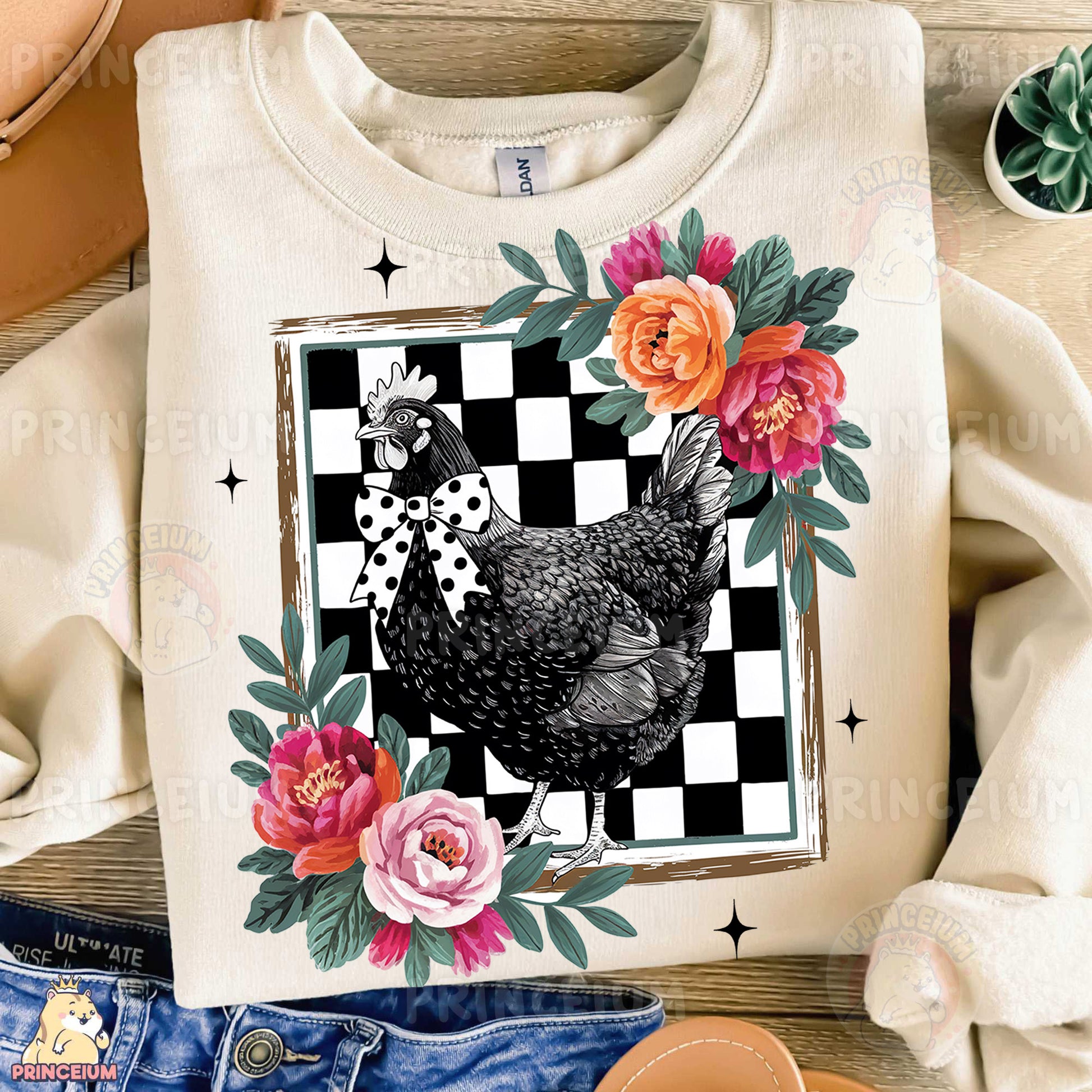 a t - shirt with a chicken and flowers on it