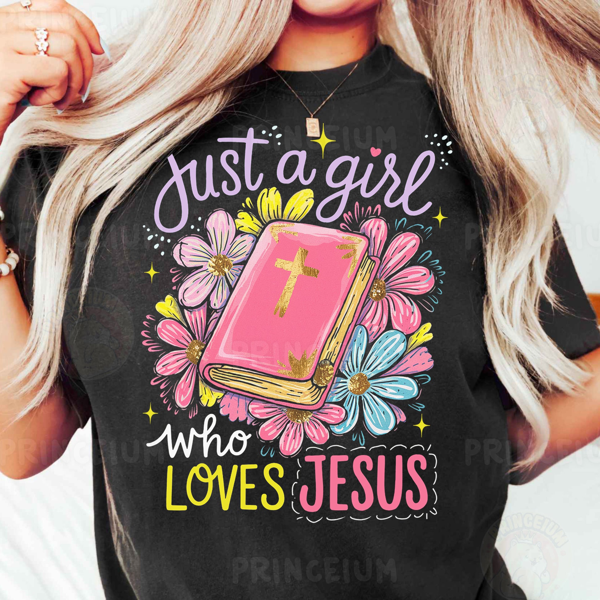 a woman wearing a t - shirt that says just a girl who loves jesus