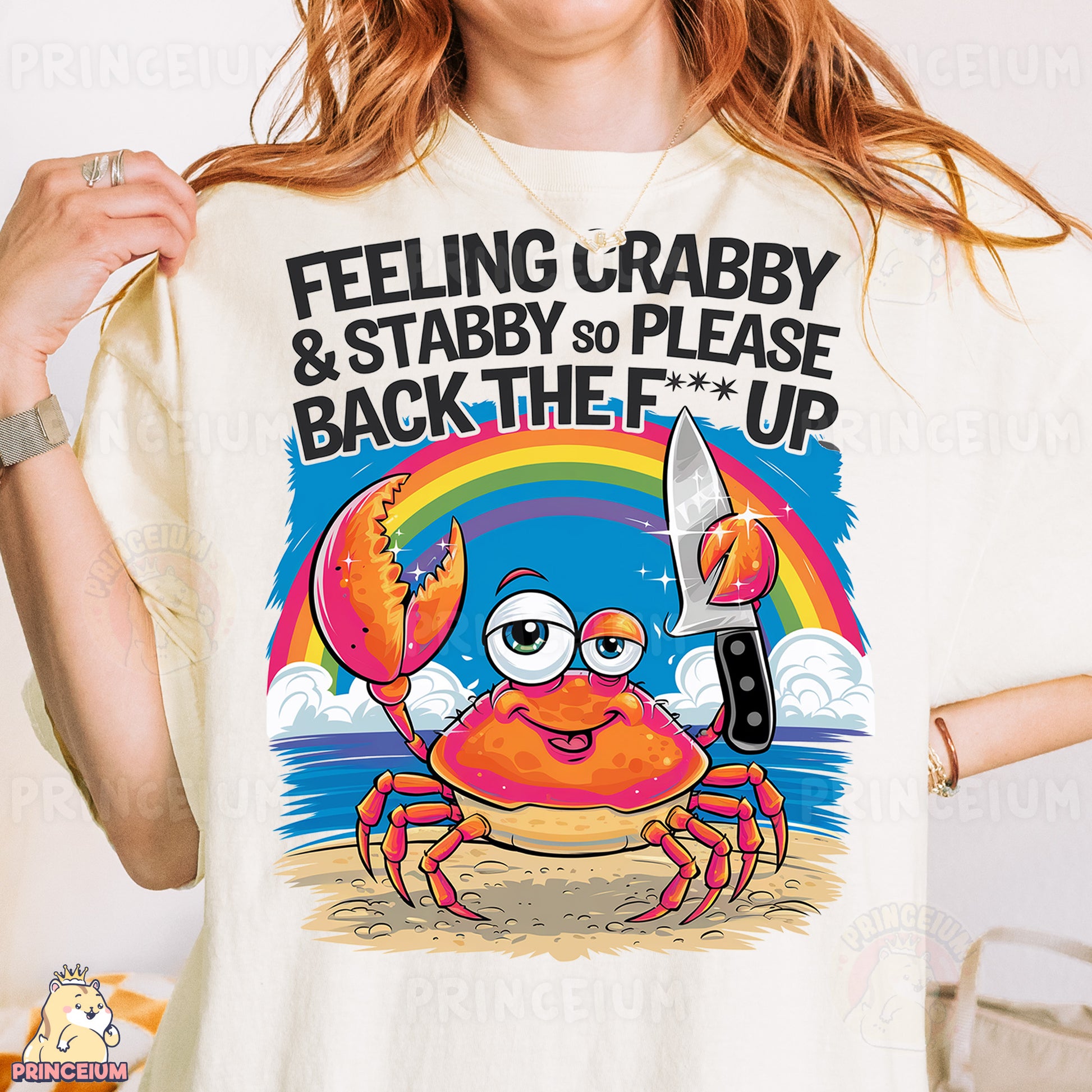 a woman wearing a t - shirt with a crab on it