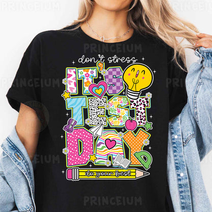 a woman wearing a black t - shirt that says happy day