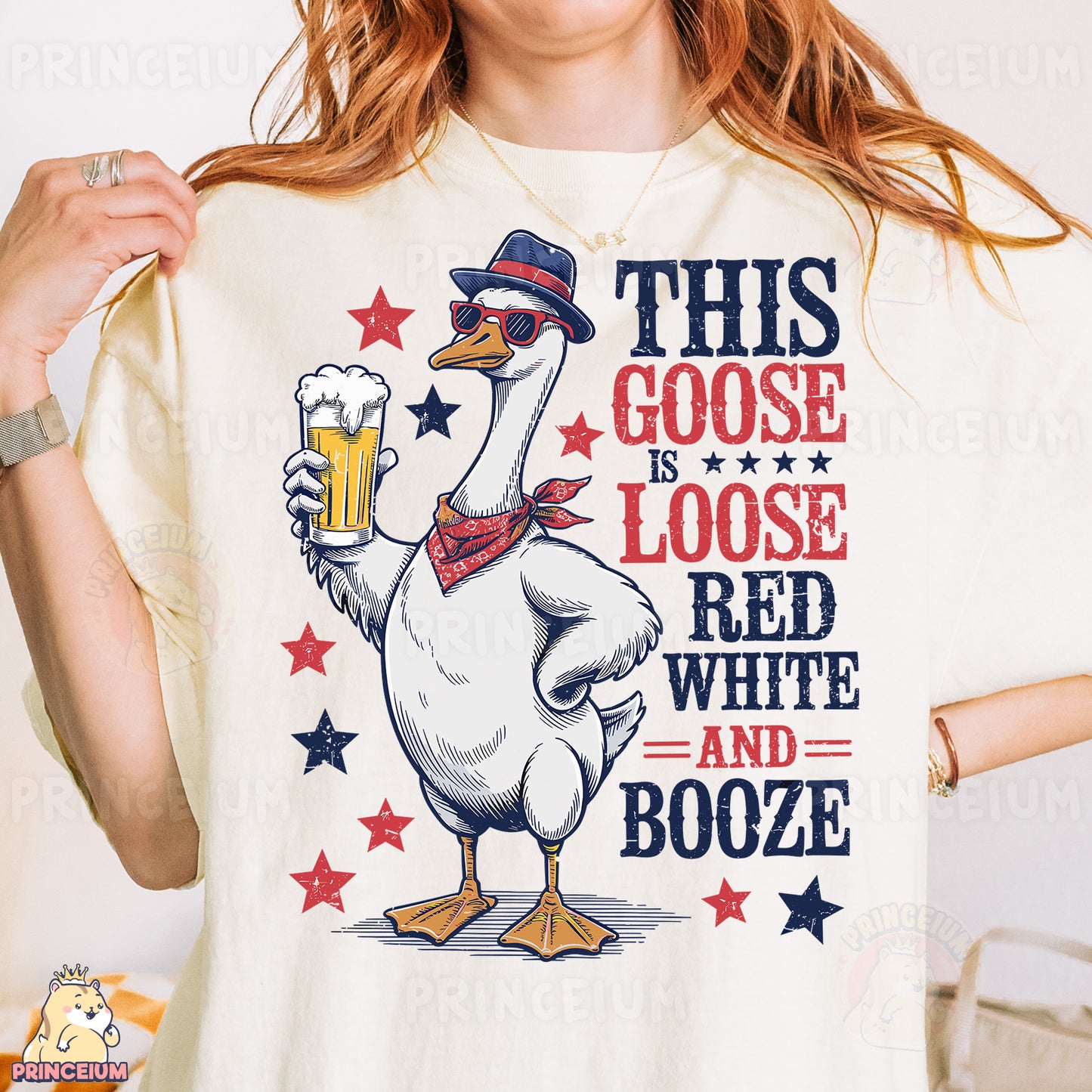 a woman wearing a goose t - shirt holding a mug of beer