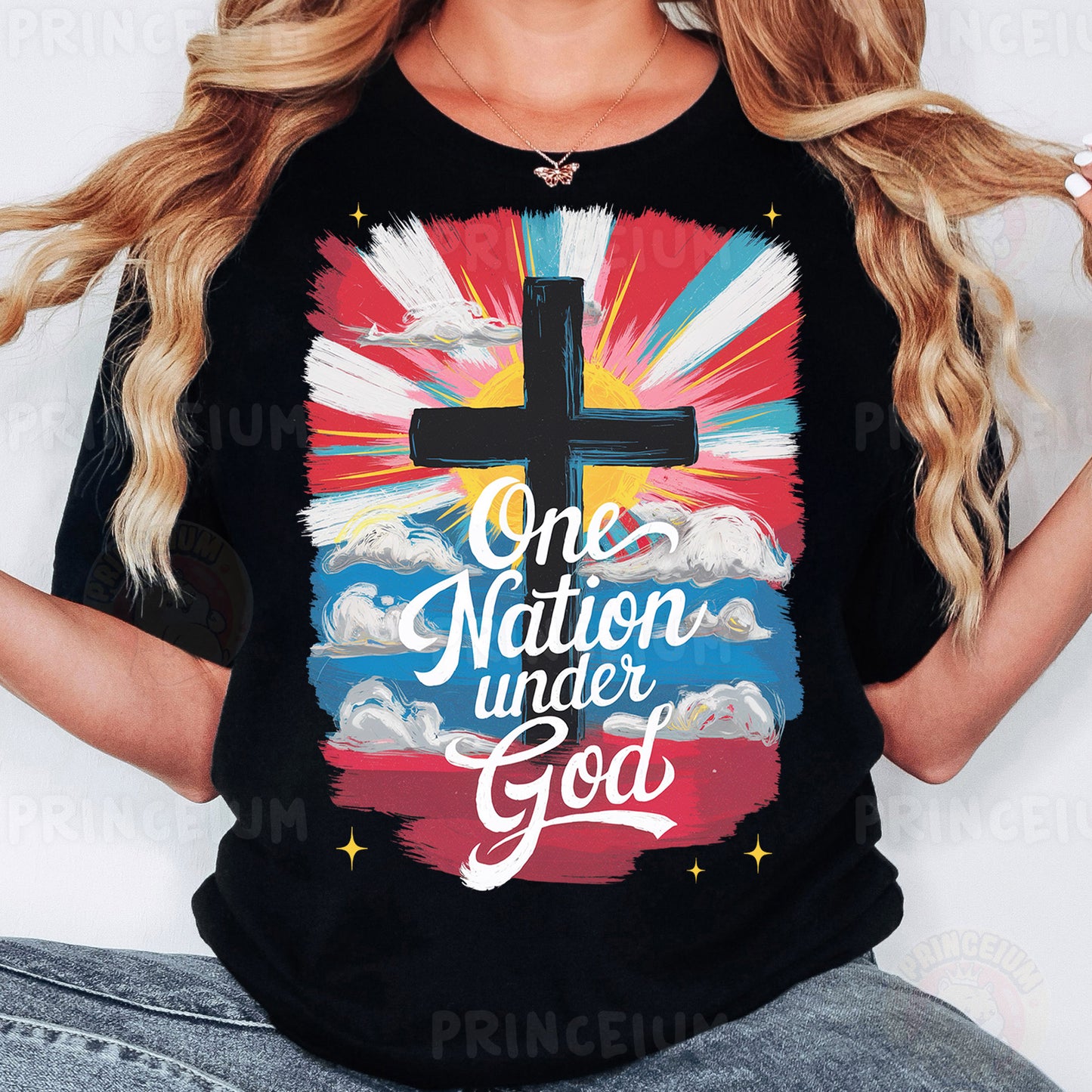 a woman wearing a t - shirt that says one nation under god