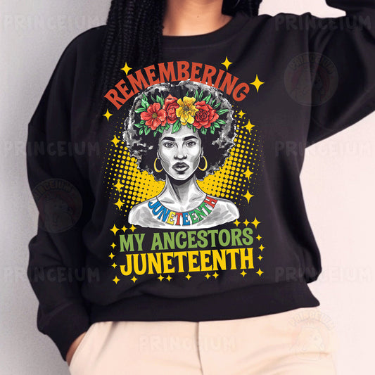 a woman wearing a black sweatshirt with flowers on her head