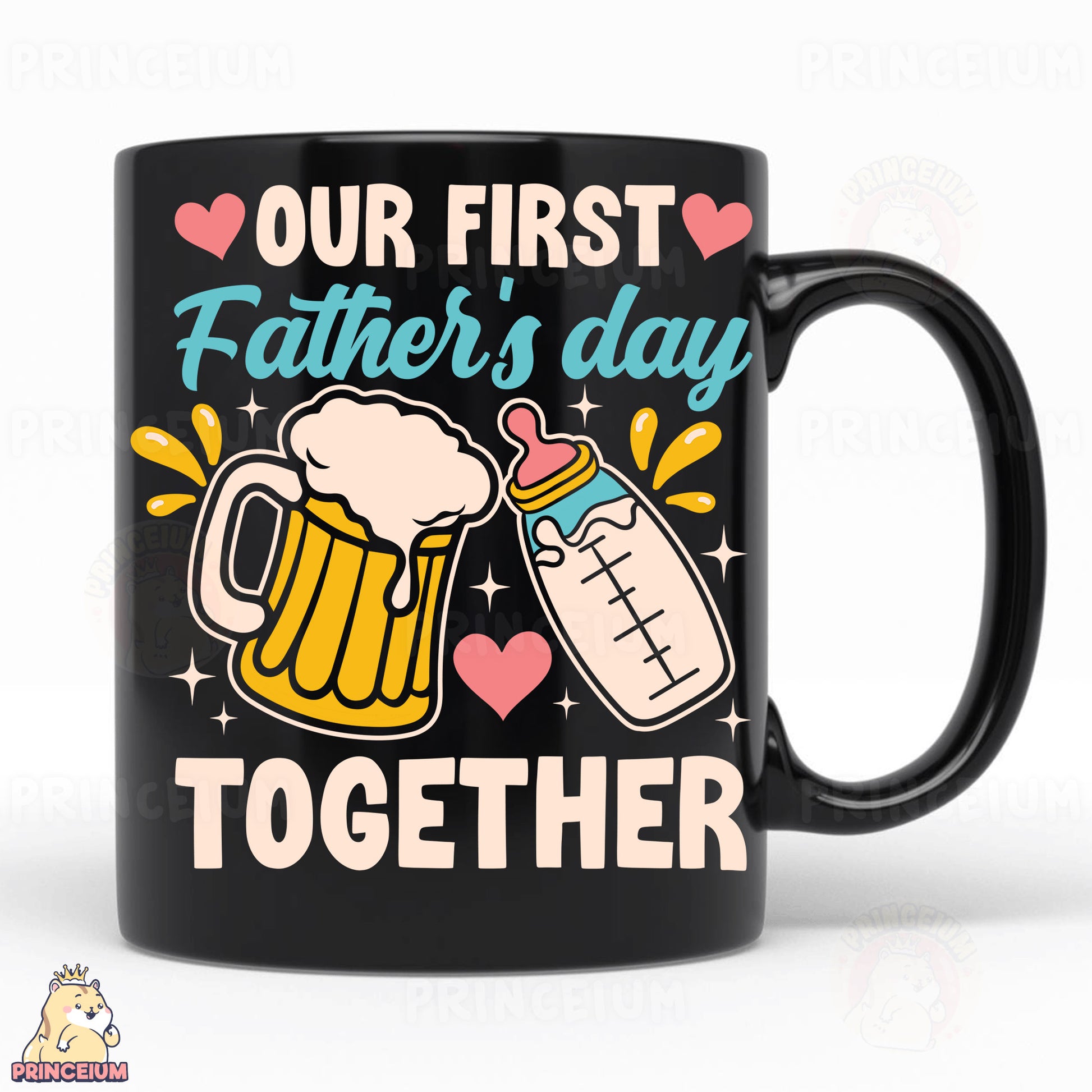 a black coffee mug with the words, our first father's day together