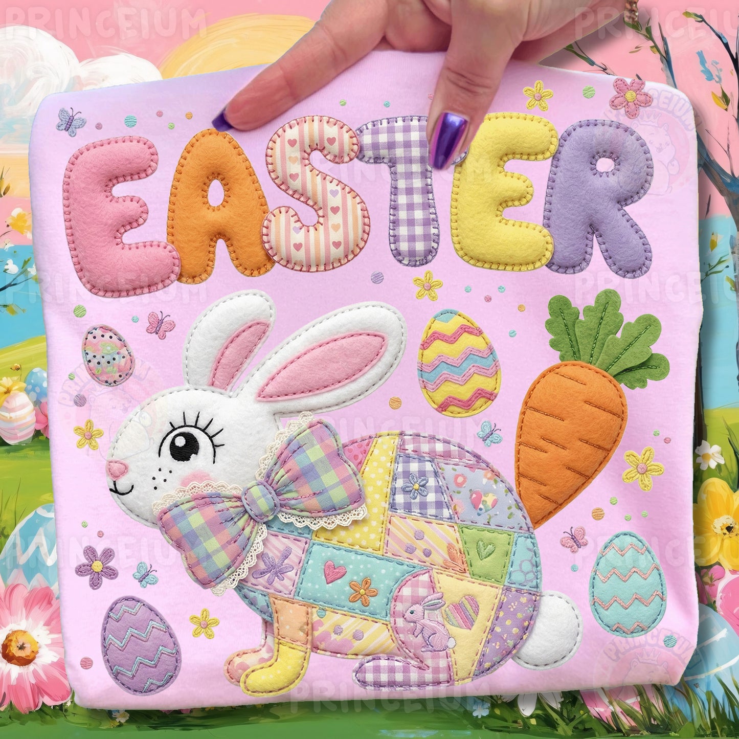 Easter Bunny PNG, Cute Patchwork Rabbit with Eggs and Carrot, Pastel Spring Easter Clipart