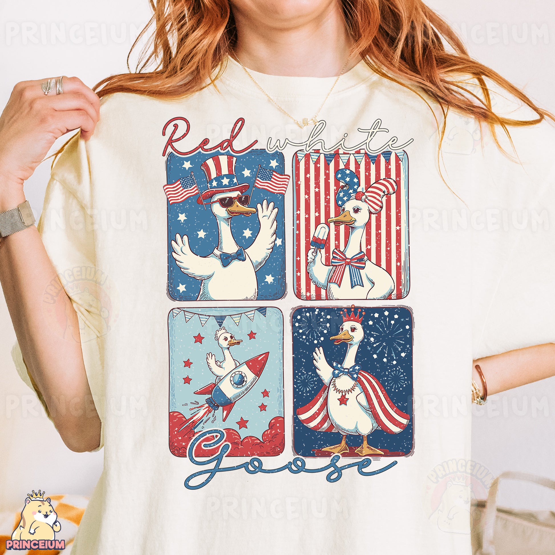 a woman wearing a white t - shirt with a goose on it