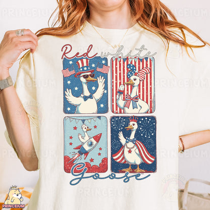 a woman wearing a white t - shirt with a goose on it