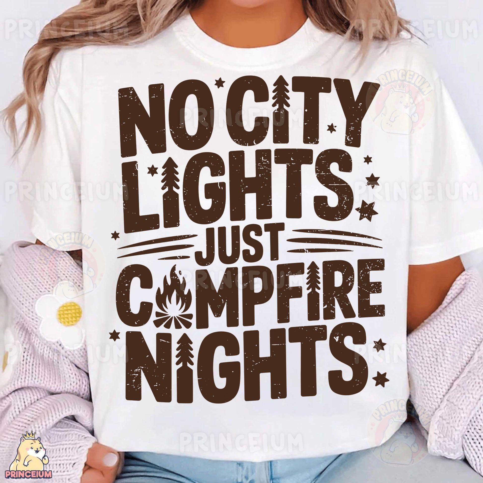 a woman wearing a t - shirt that says no city lights just campfire nights
