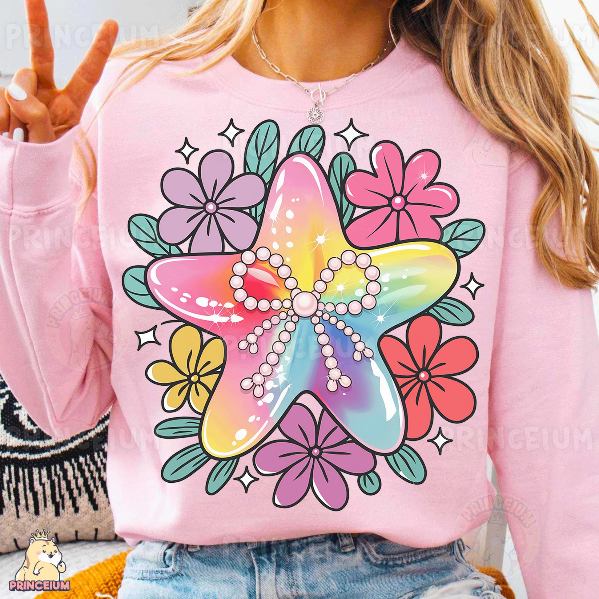 a woman wearing a pink shirt with a starfish on it
