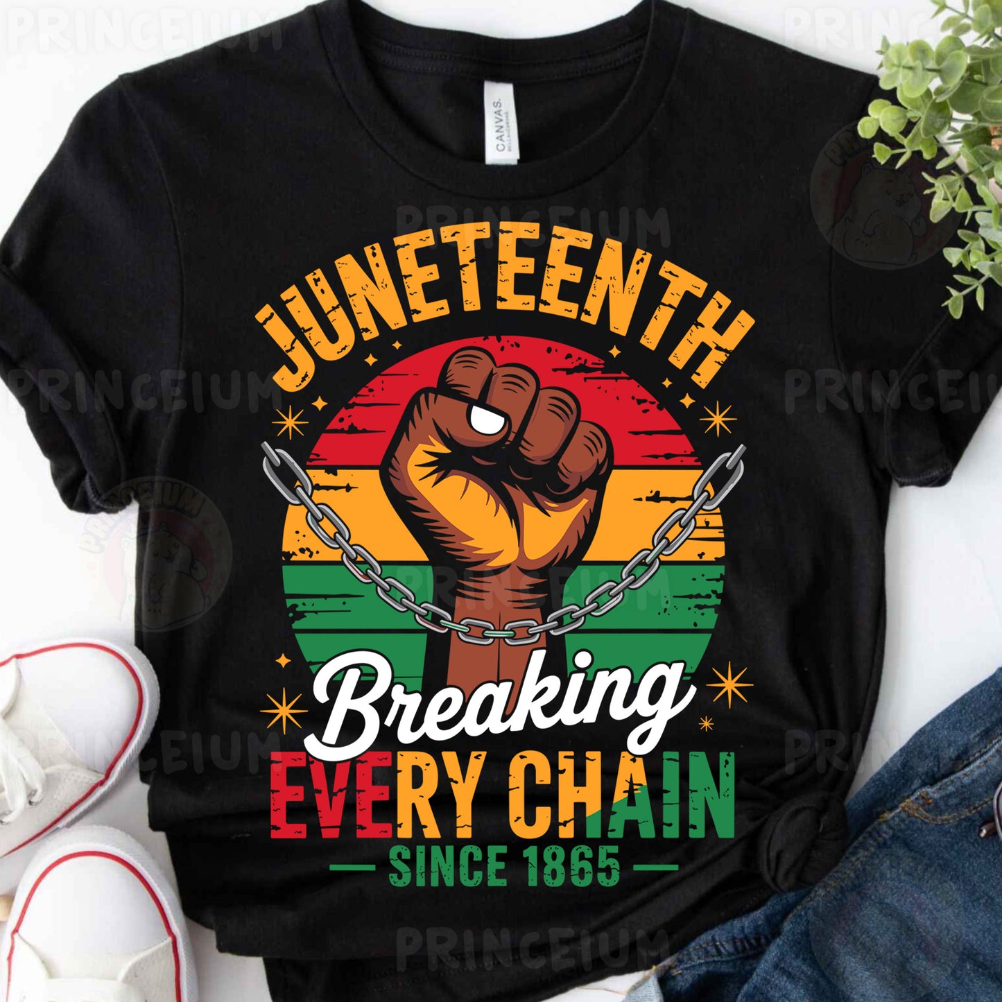 a black shirt with the words juneteeth breaking every chain since 1965