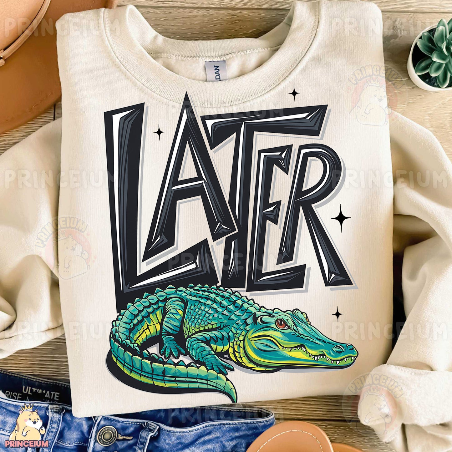 a white shirt with a green alligator on it