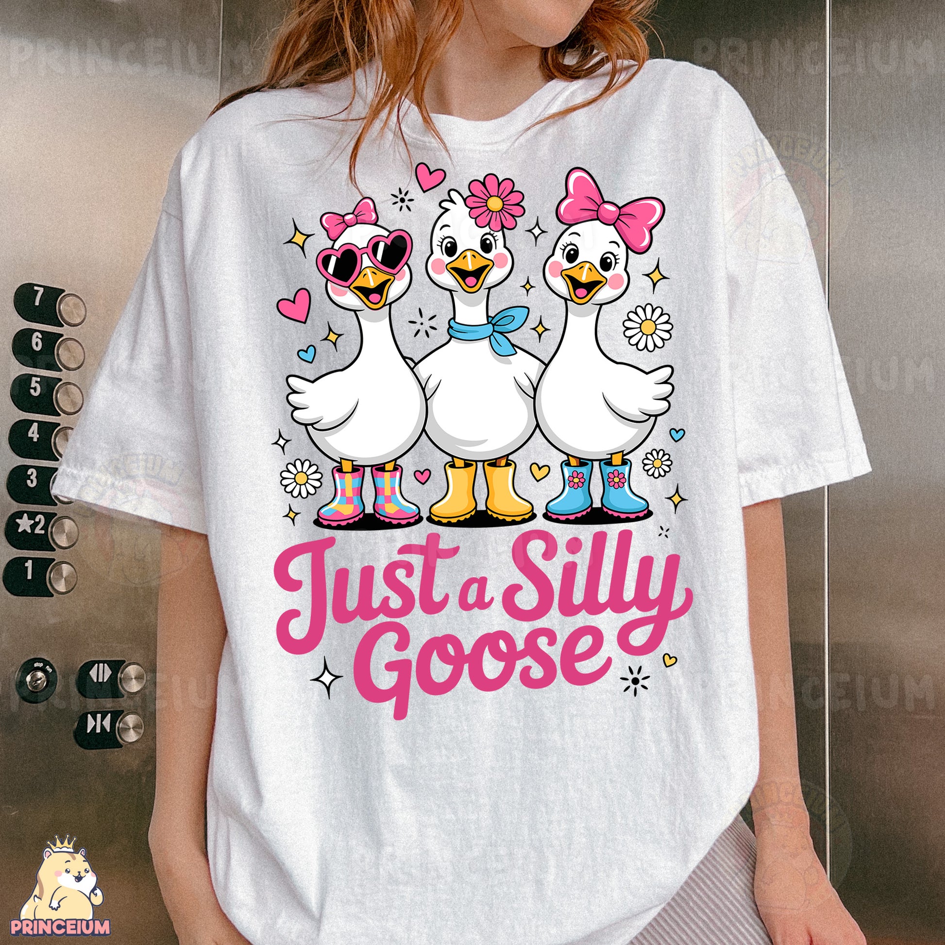 a woman wearing a t - shirt that says just a silly goose