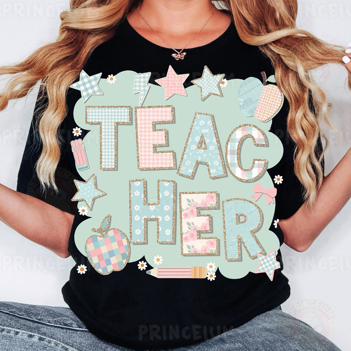 a woman wearing a t - shirt that says teac her