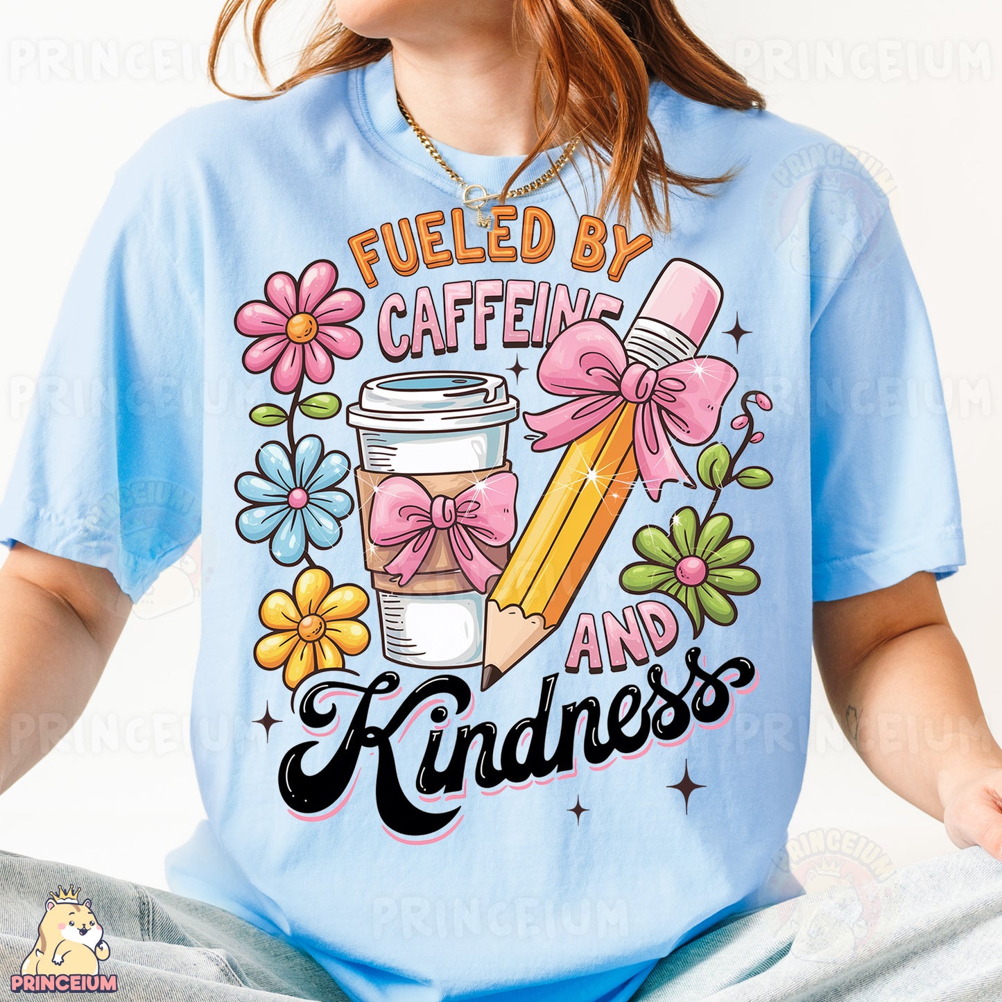 a woman wearing a t - shirt that says fueled by caffeine and kindness