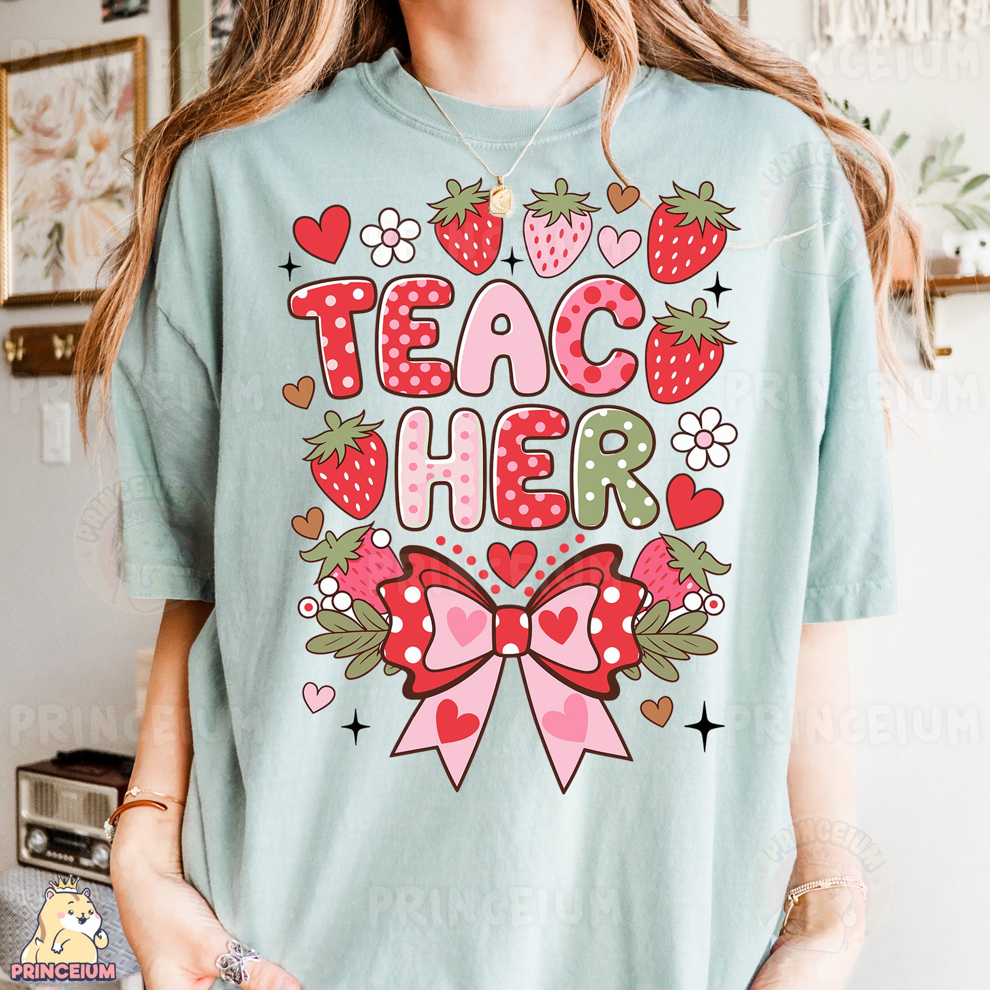 a woman wearing a t - shirt that says teach her