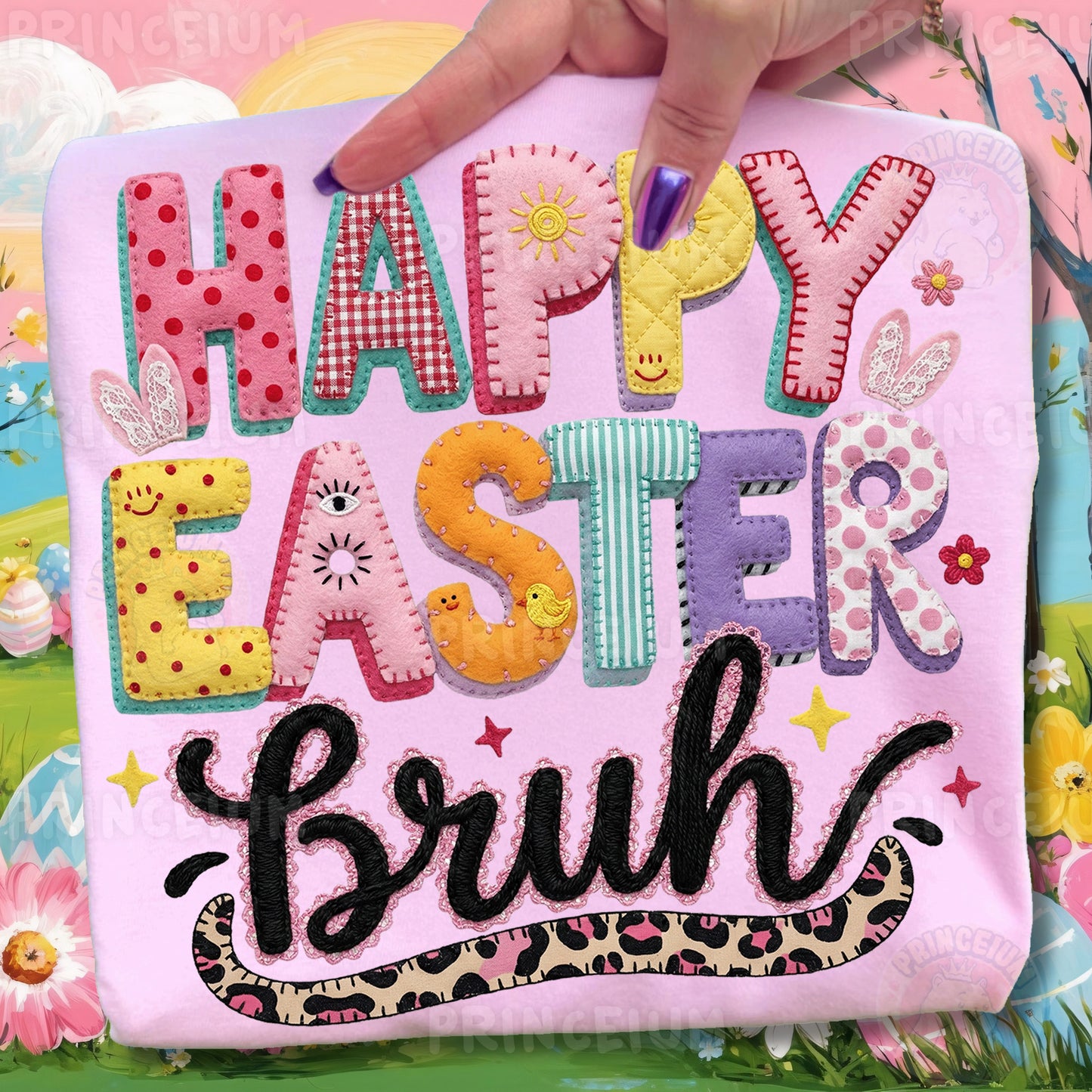 Happy Easter Bruh PNG, Patchwork Bunny Lettering Art, Cute Funny Easter Quote Clipart
