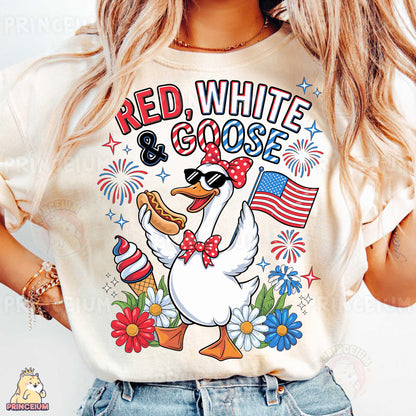 a woman wearing a red white and blue shirt