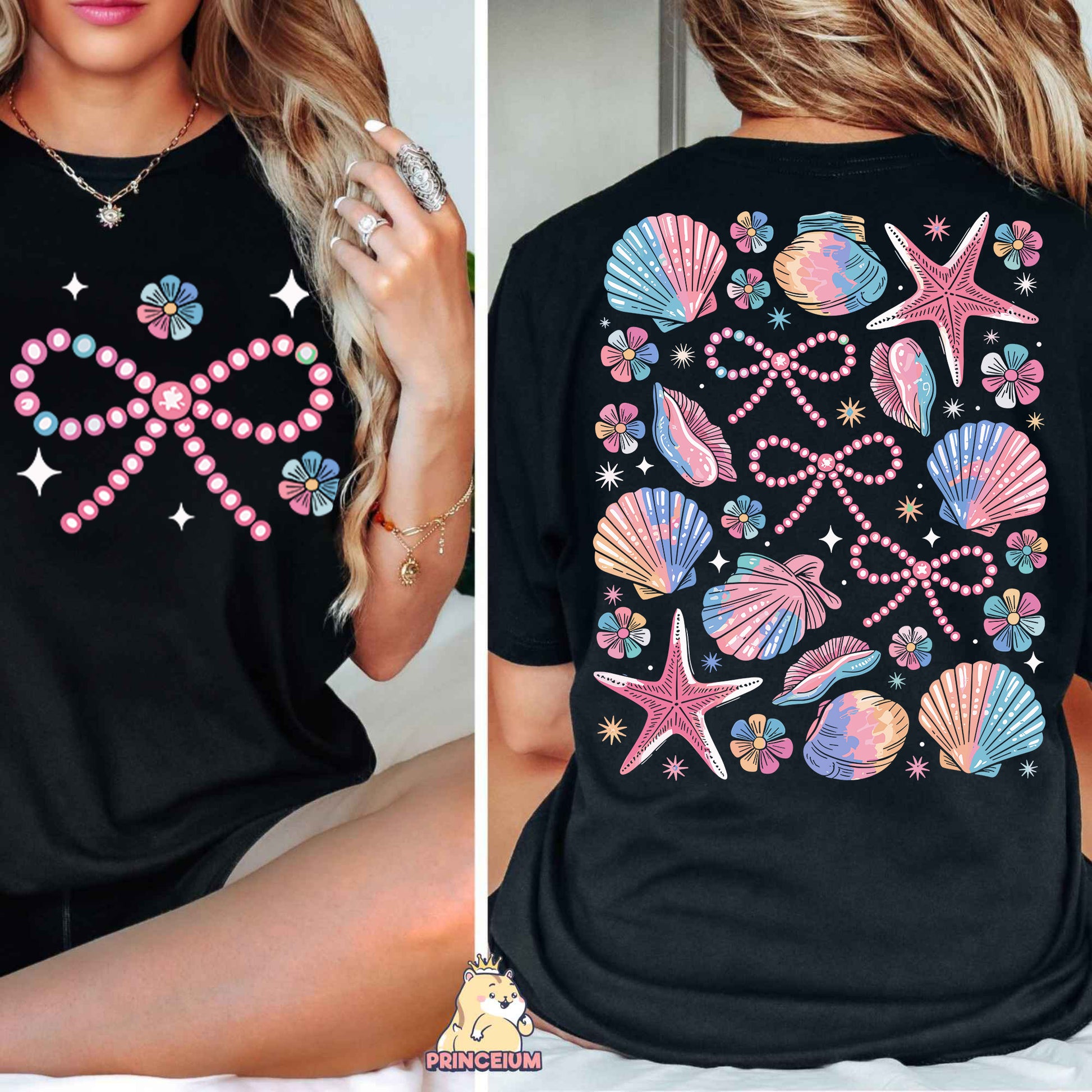a woman wearing a black shirt with pink and blue seashells on it