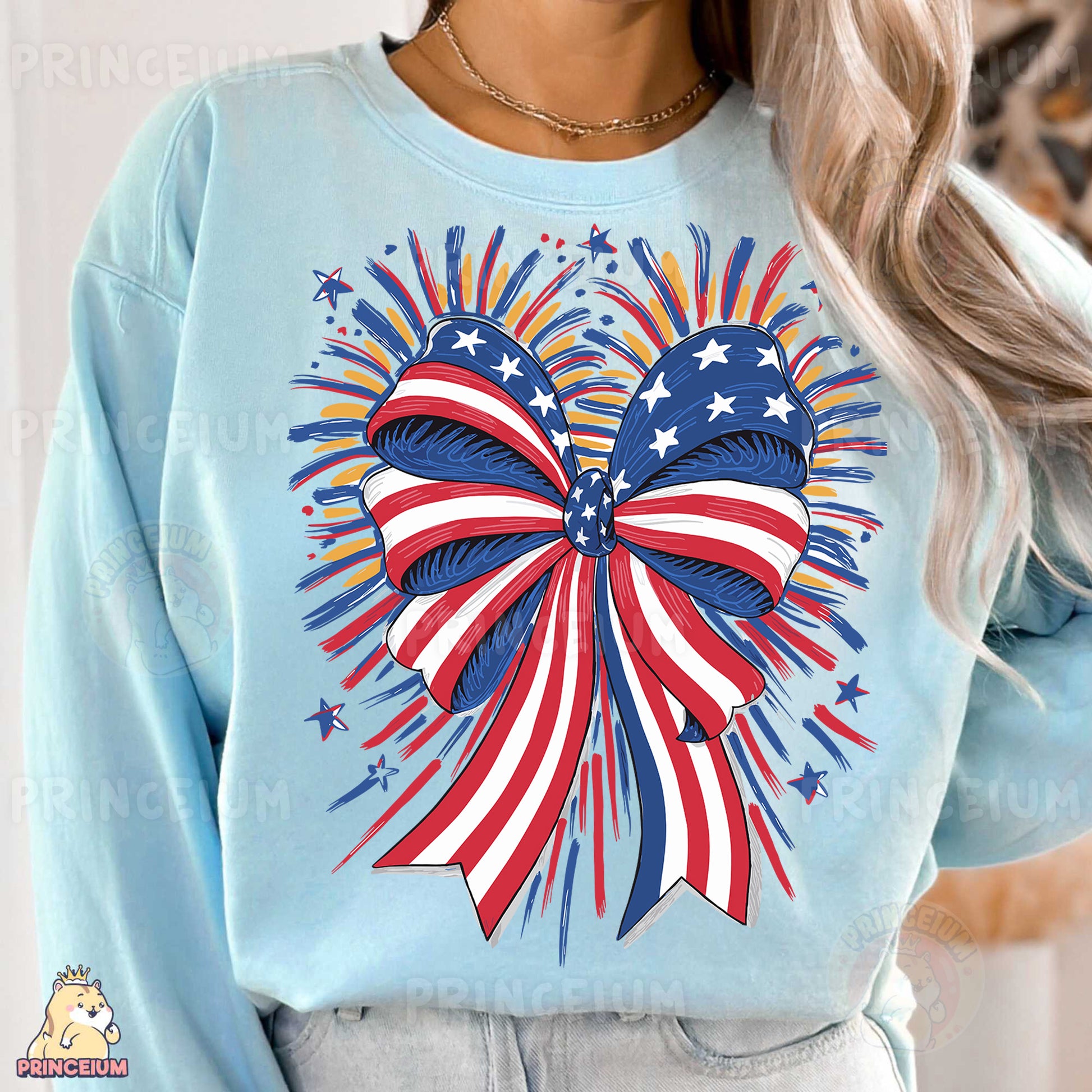 a woman wearing a blue sweatshirt with an american flag bow