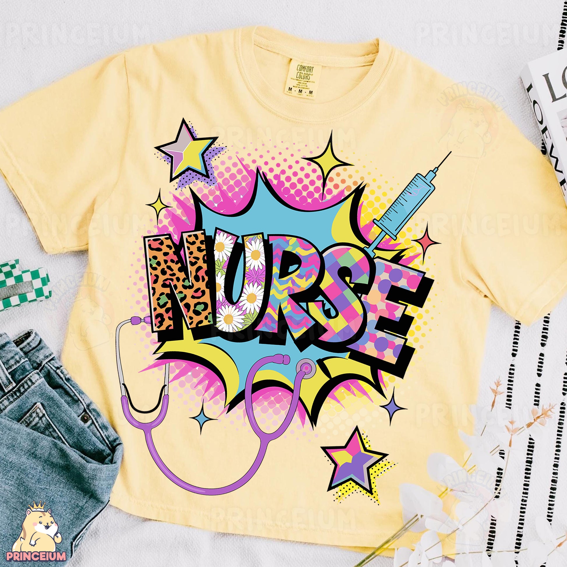 a yellow shirt with the word nurse printed on it