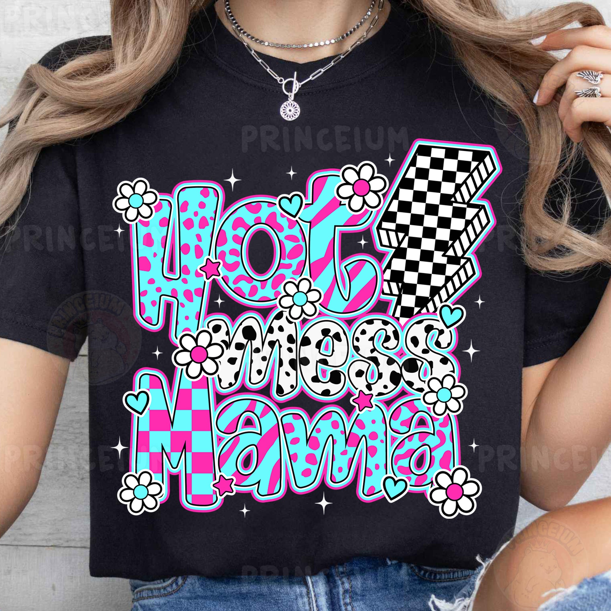 a woman wearing a t - shirt that says hot mama