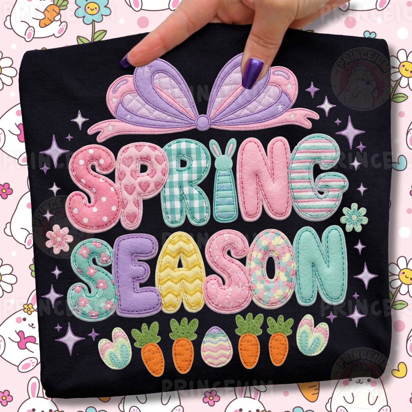 Spring Season PNG, Cute Patchwork Bow Bunny Lettering, Pastel Easter Clipart Design